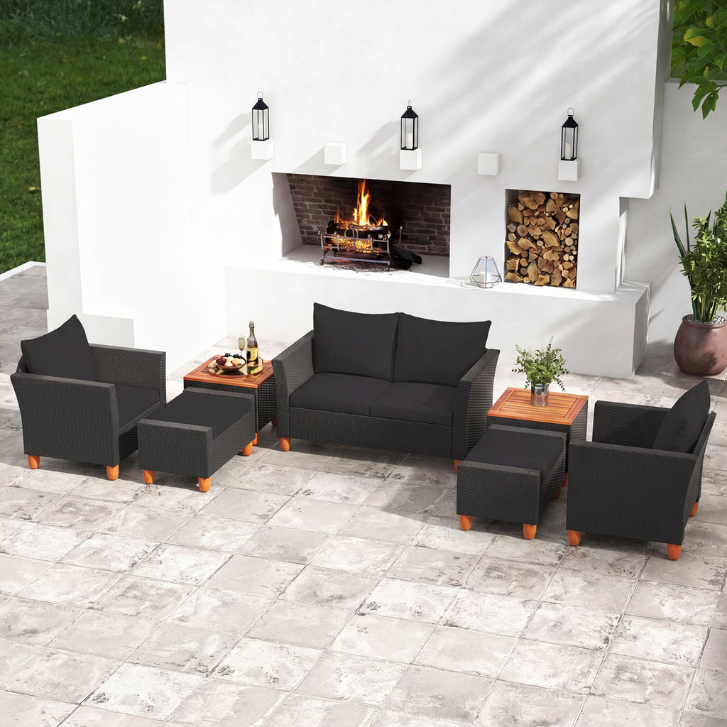 7 Pieces PE Rattan Patio Sectional Sofa Set with Storage Table - Black