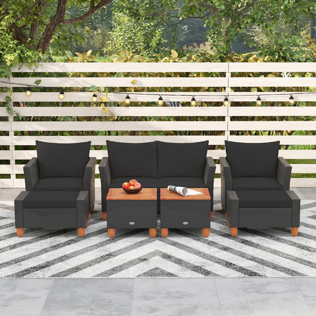 7 Pieces PE Rattan Patio Sectional Sofa Set with Storage Table - Black