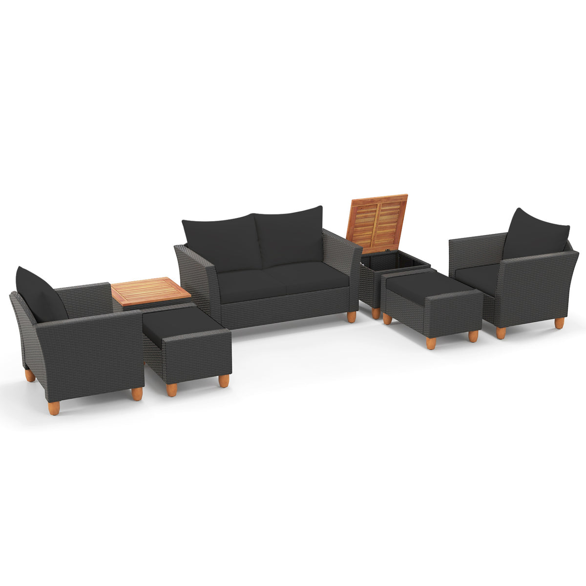 7 Pieces PE Rattan Patio Sectional Sofa Set with Storage Table - Black