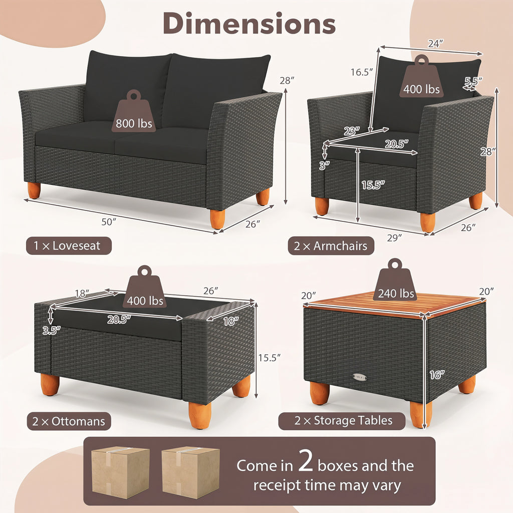 7 Pieces PE Rattan Patio Sectional Sofa Set with Storage Table - Black