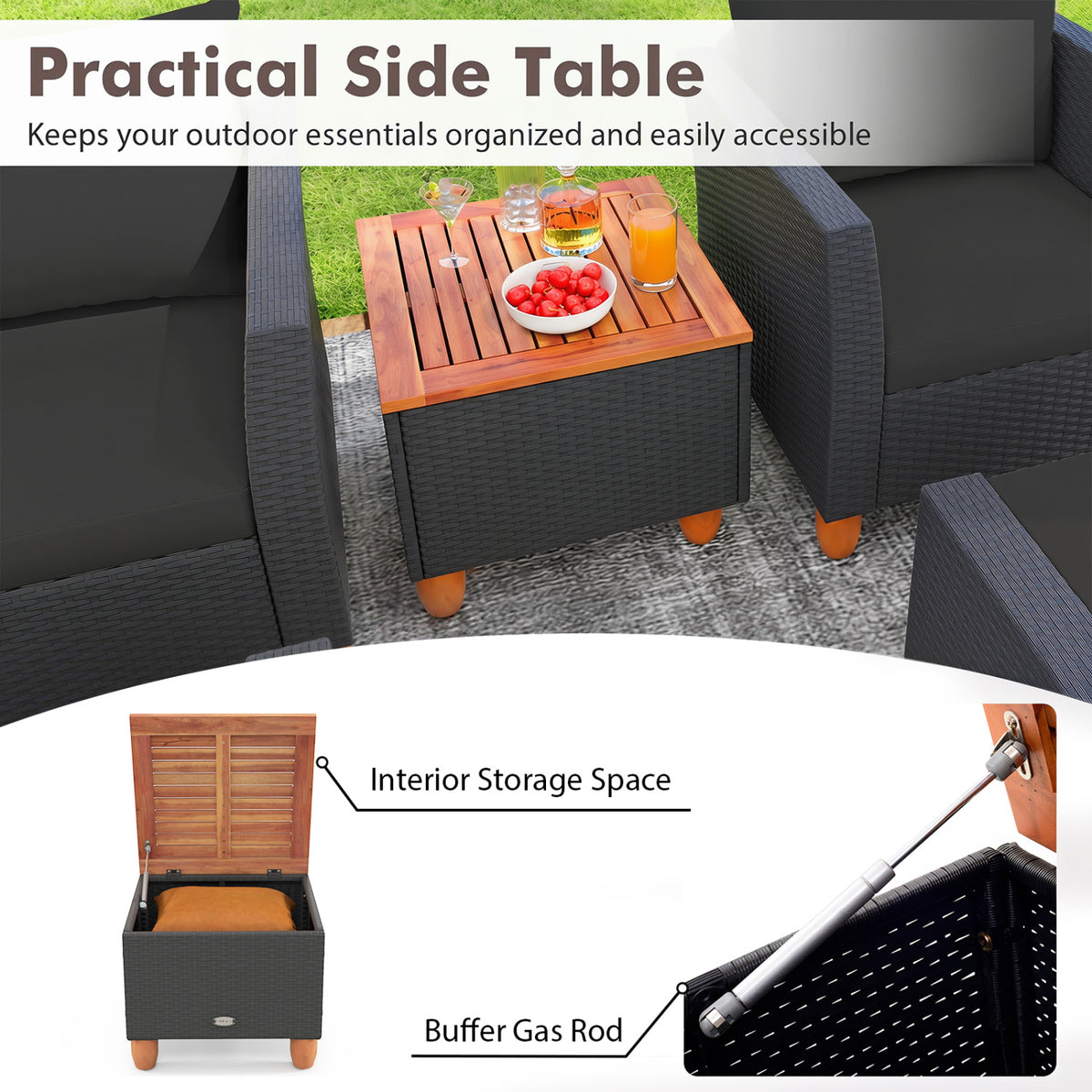 7 Pieces PE Rattan Patio Sectional Sofa Set with Storage Table - Black