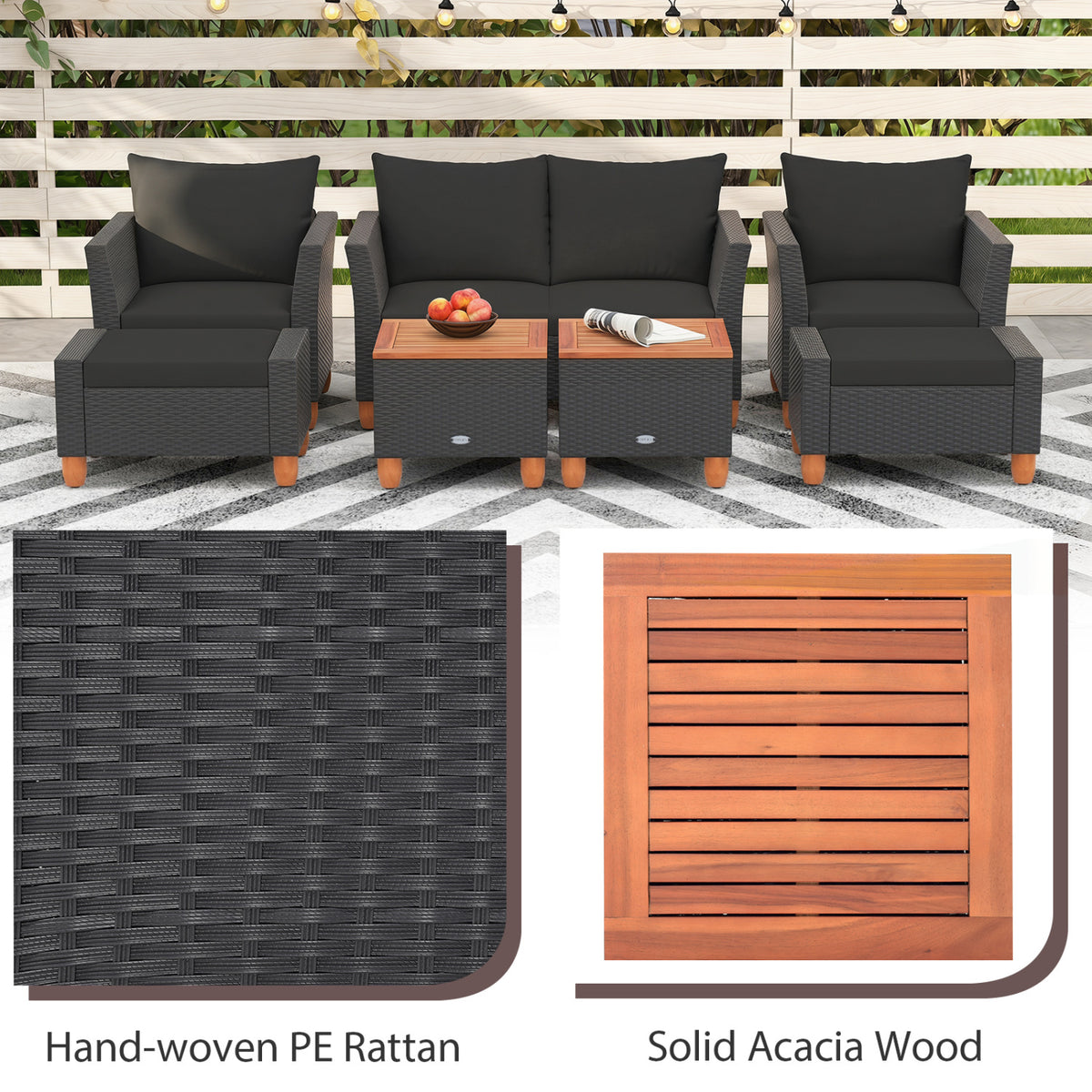 7 Pieces PE Rattan Patio Sectional Sofa Set with Storage Table - Black