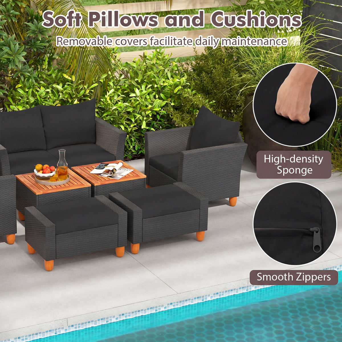 7 Pieces PE Rattan Patio Sectional Sofa Set with Storage Table - Black