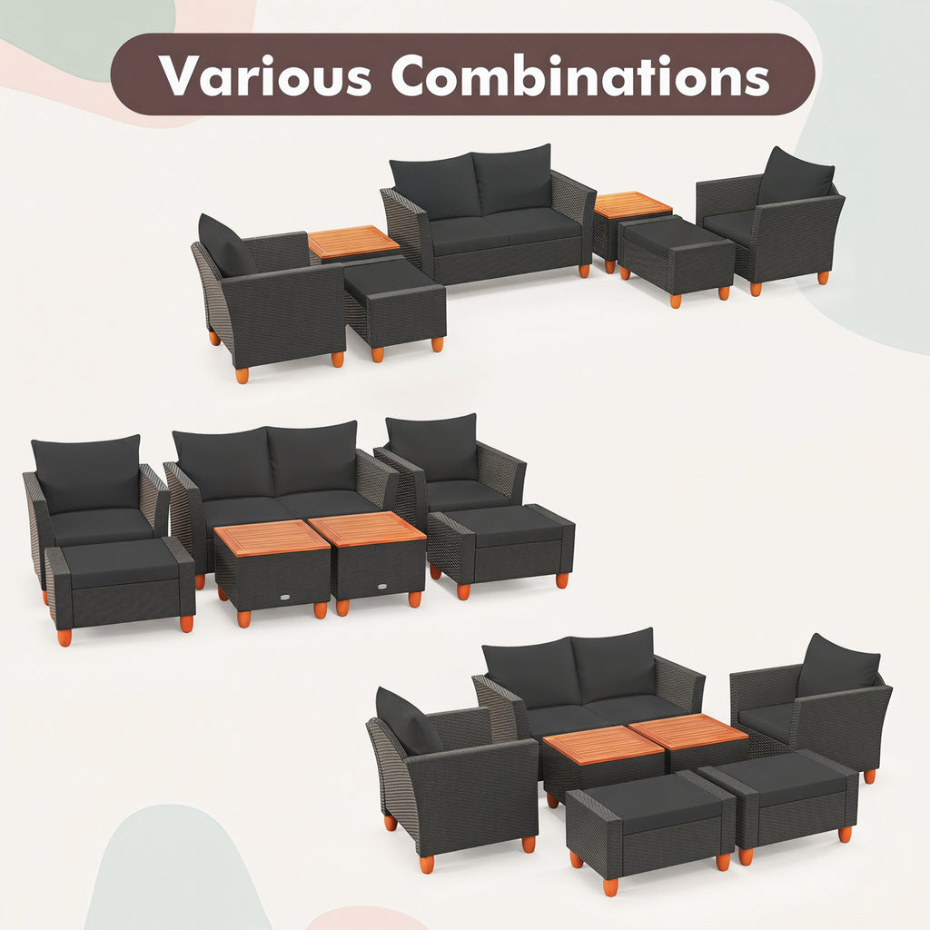 7 Pieces PE Rattan Patio Sectional Sofa Set with Storage Table - Black