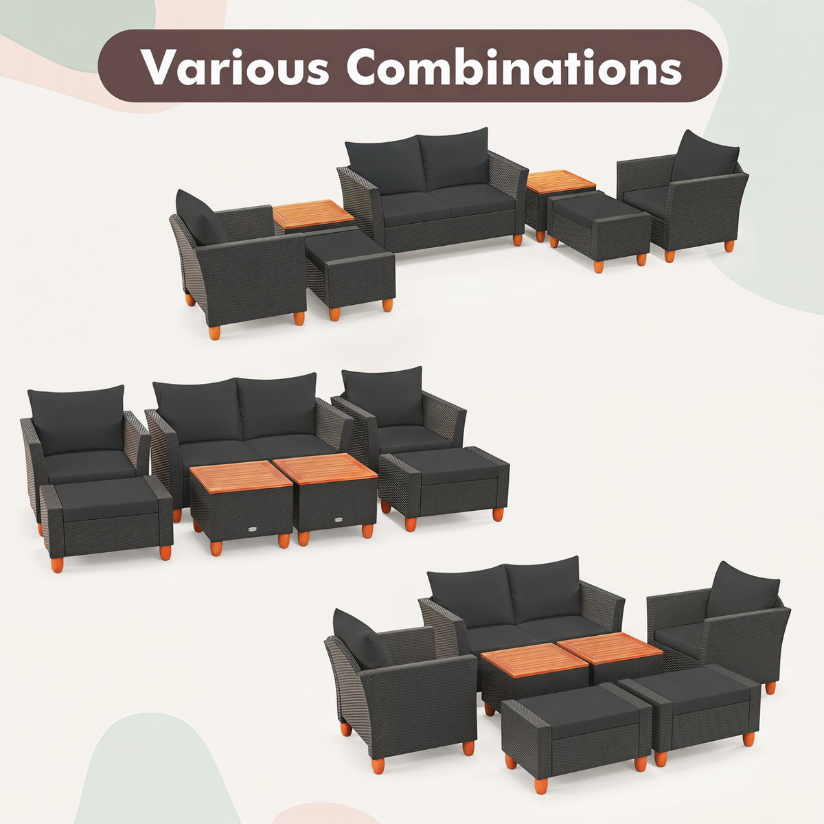 7 Pieces PE Rattan Patio Sectional Sofa Set with Storage Table - Black