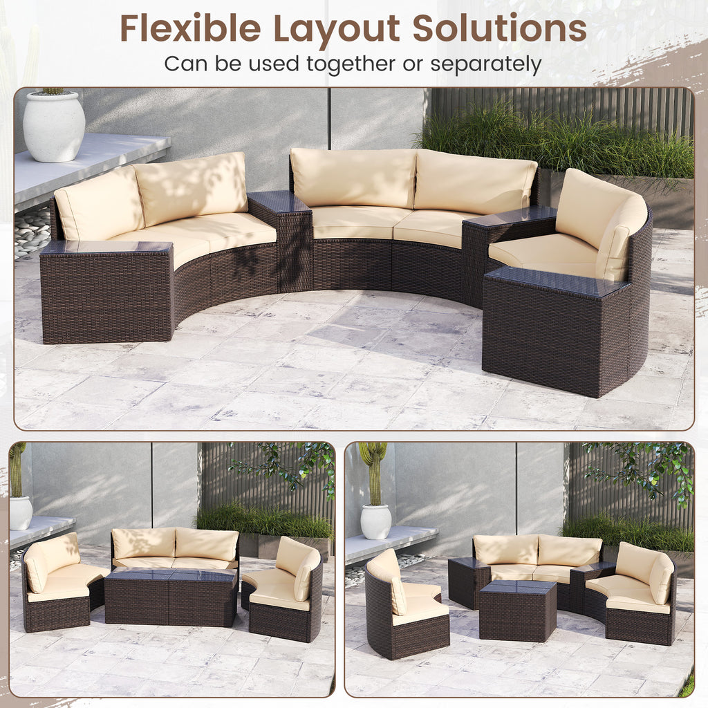 7 Pieces Patio Furniture Set PE Rattan Half-Moon Curved Sofas with