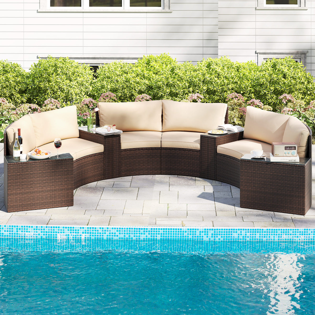 7 Pieces Patio Furniture Set PE Rattan Half-Moon Curved Sofas with