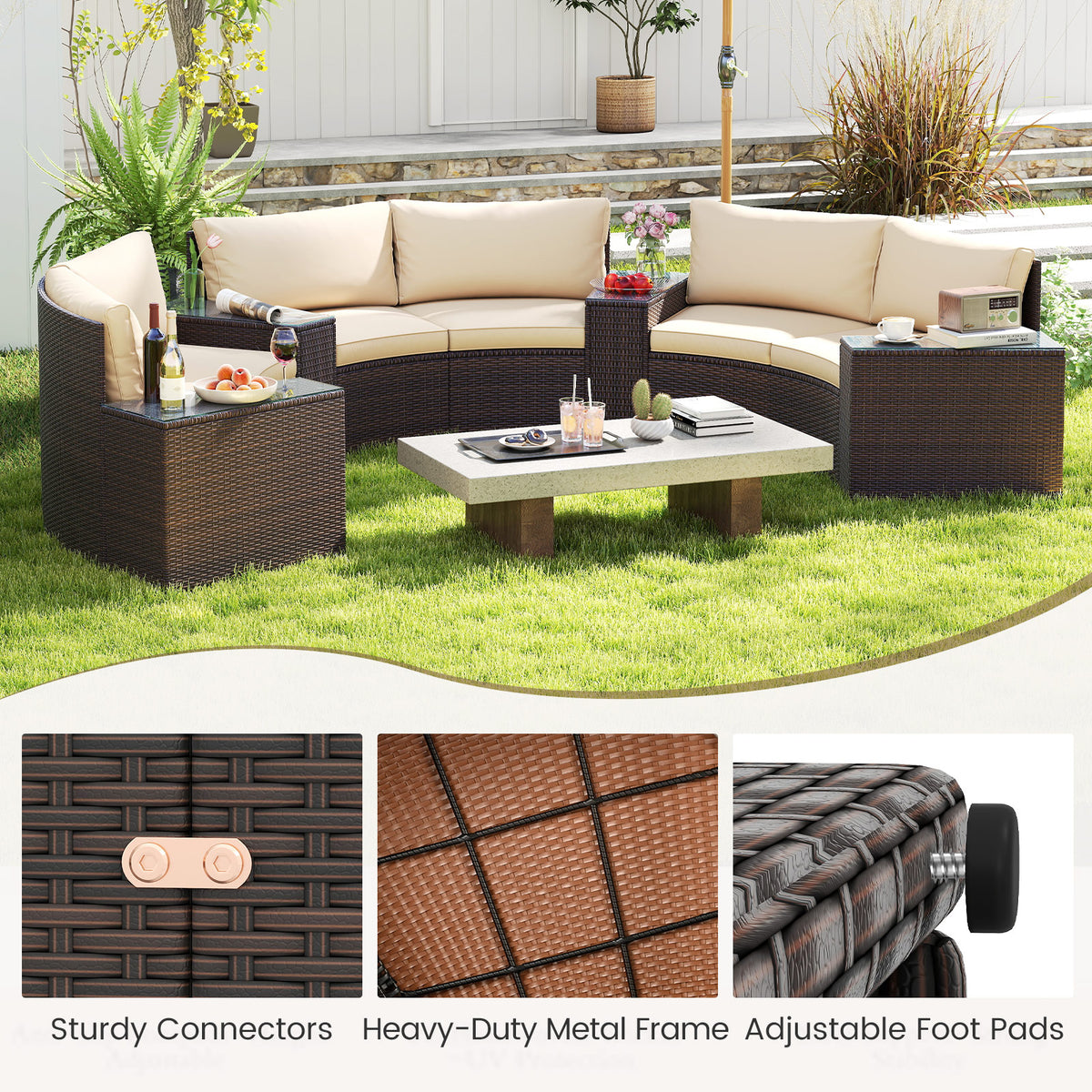 7 Pieces Patio Furniture Set PE Rattan Half-Moon Curved Sofas with