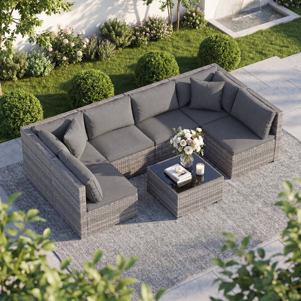7-Piece Patio Rattan Sectional Sofa Set - Mix Gray