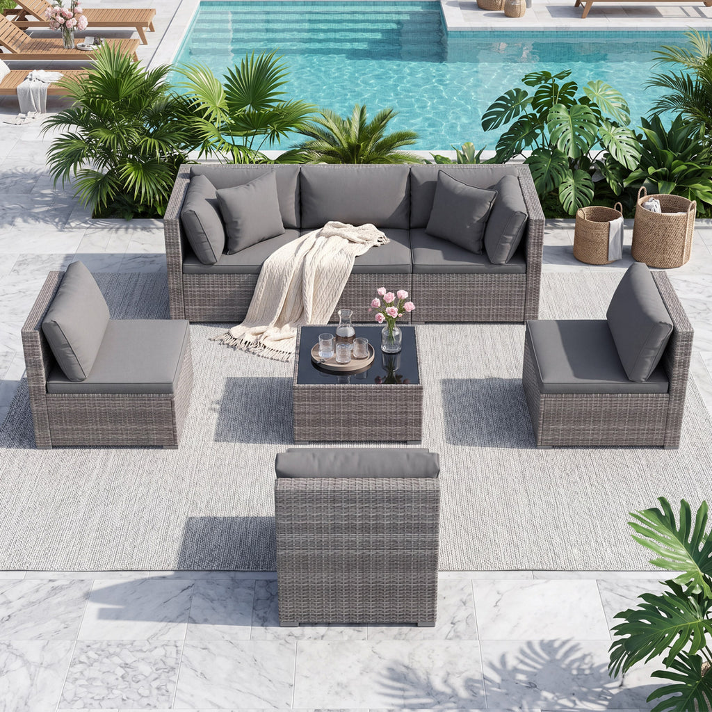 7-Piece Patio Rattan Sectional Sofa Set - Mix Gray