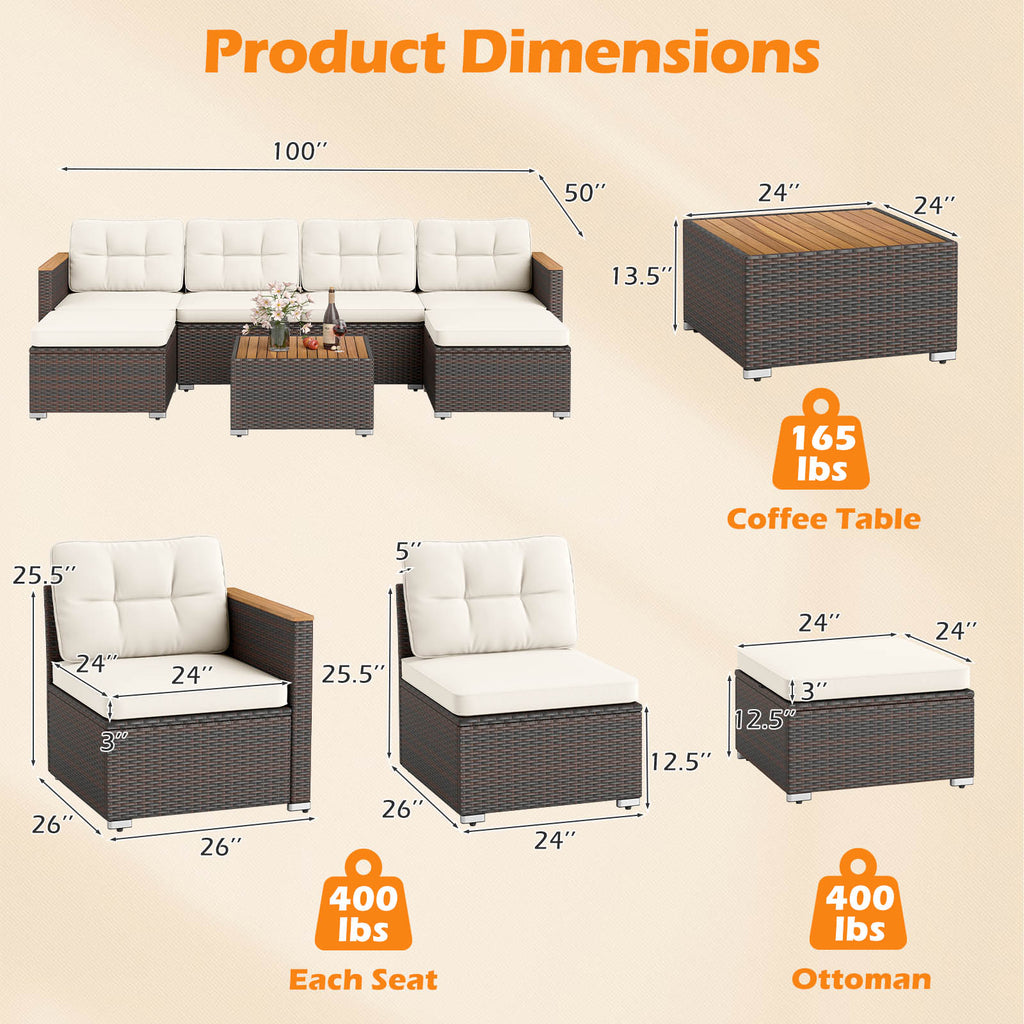 7 Pieces Wicker Conversation Set with Wood Armrests for Backyard
