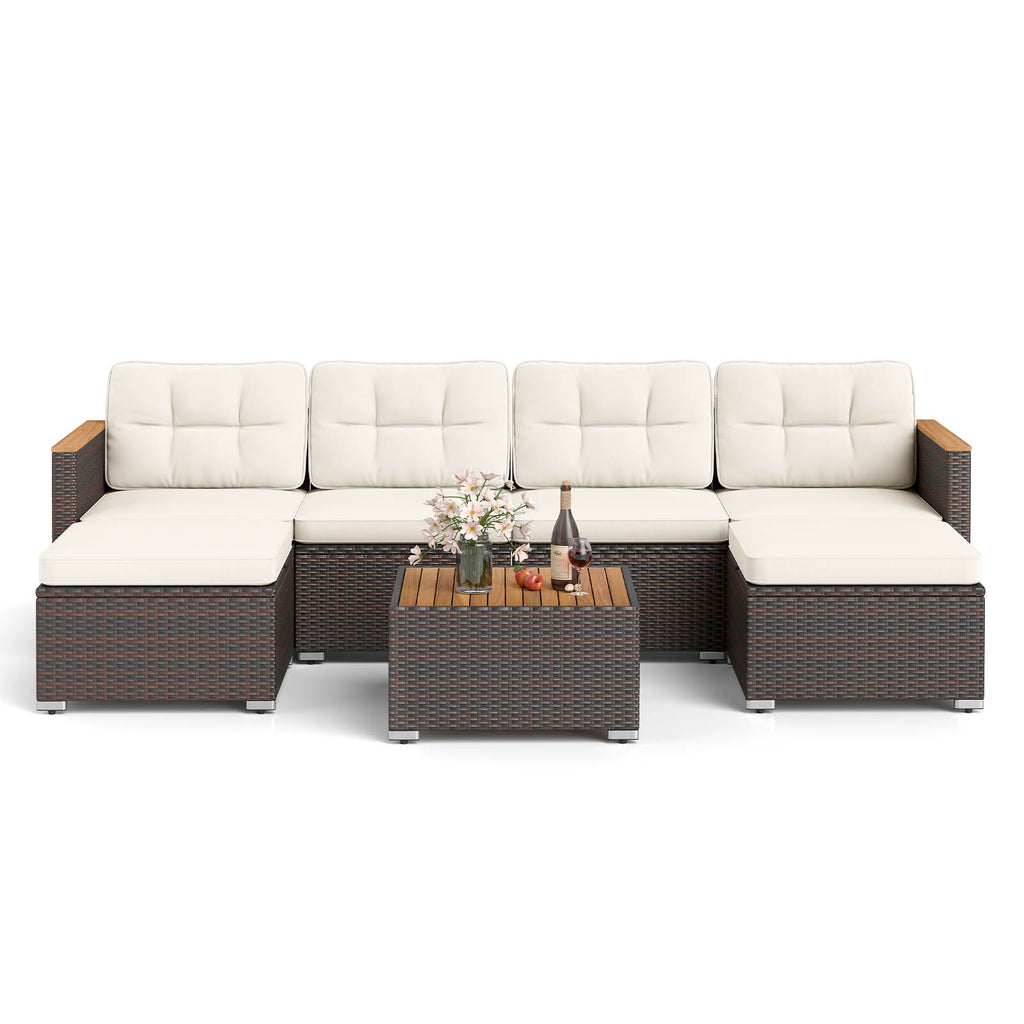 7 Pieces Wicker Conversation Set with Wood Armrests for Backyard