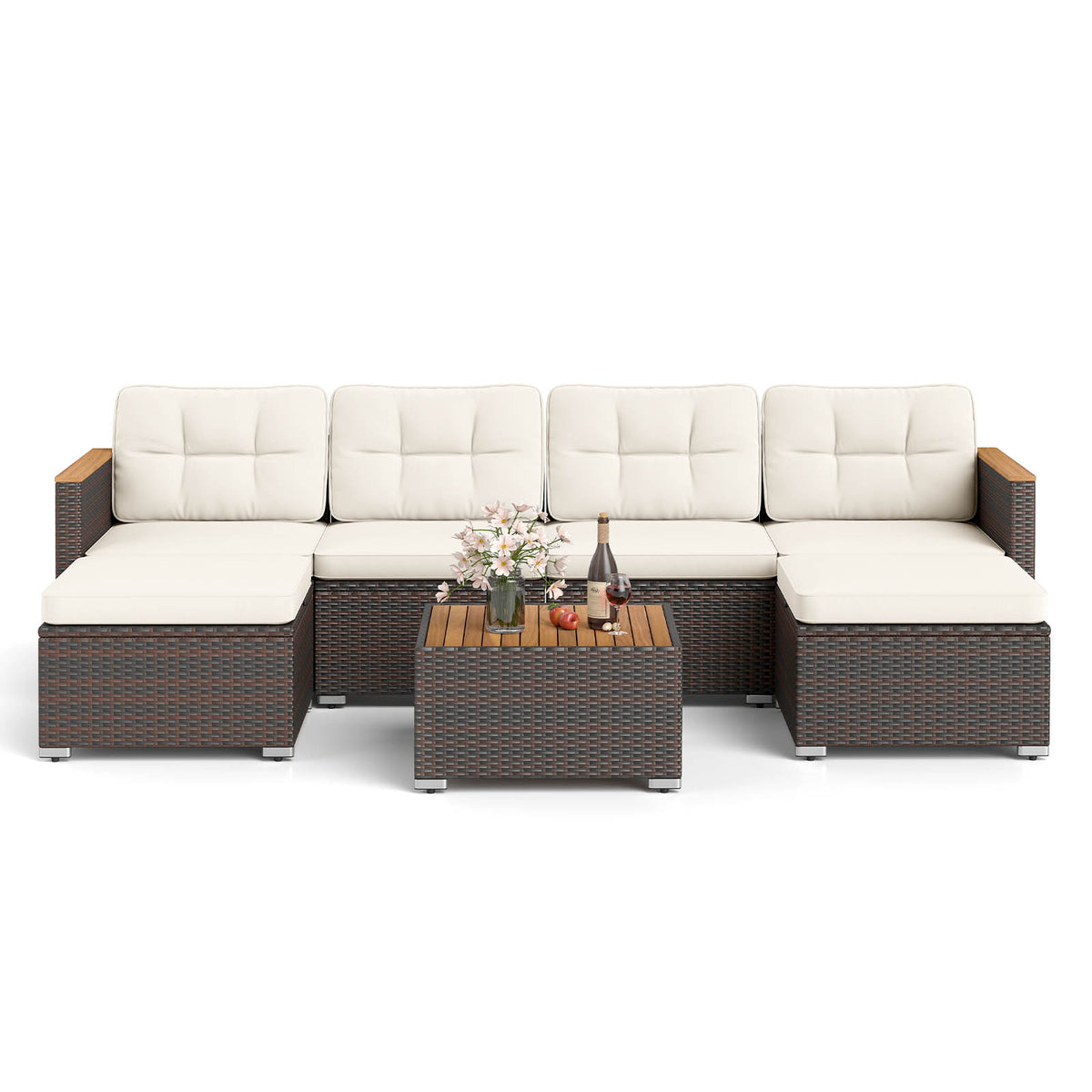 7 Pieces Wicker Conversation Set with Wood Armrests for Backyard