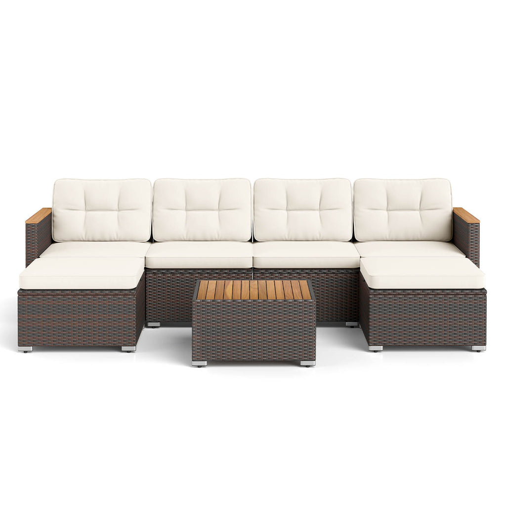 7 Pieces Wicker Conversation Set with Wood Armrests for Backyard