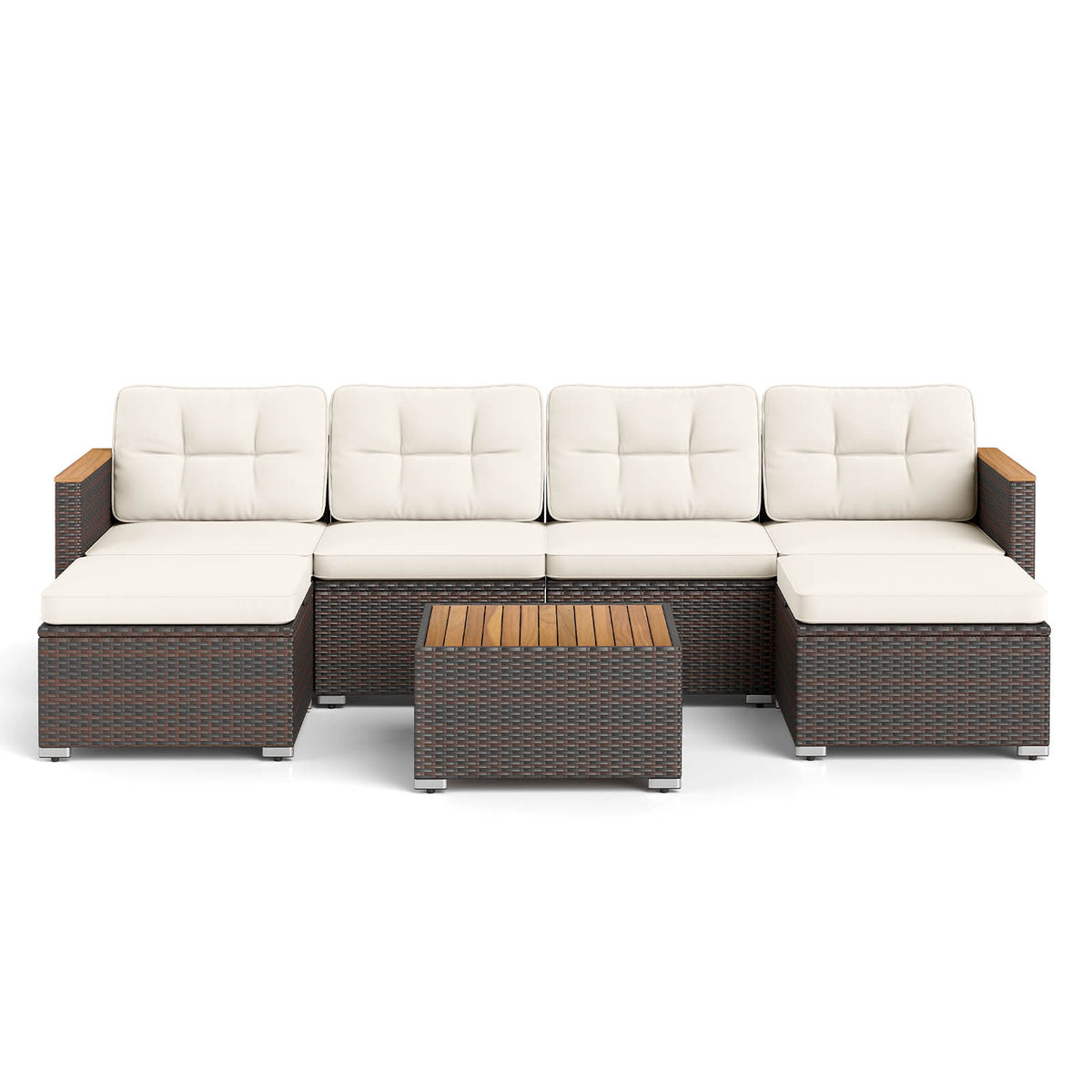 7 Pieces Wicker Conversation Set with Wood Armrests for Backyard