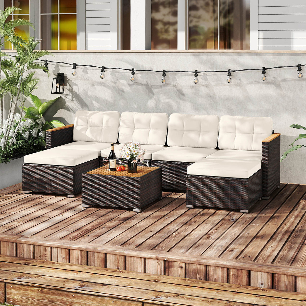 7 Pieces Wicker Conversation Set with Wood Armrests for Backyard