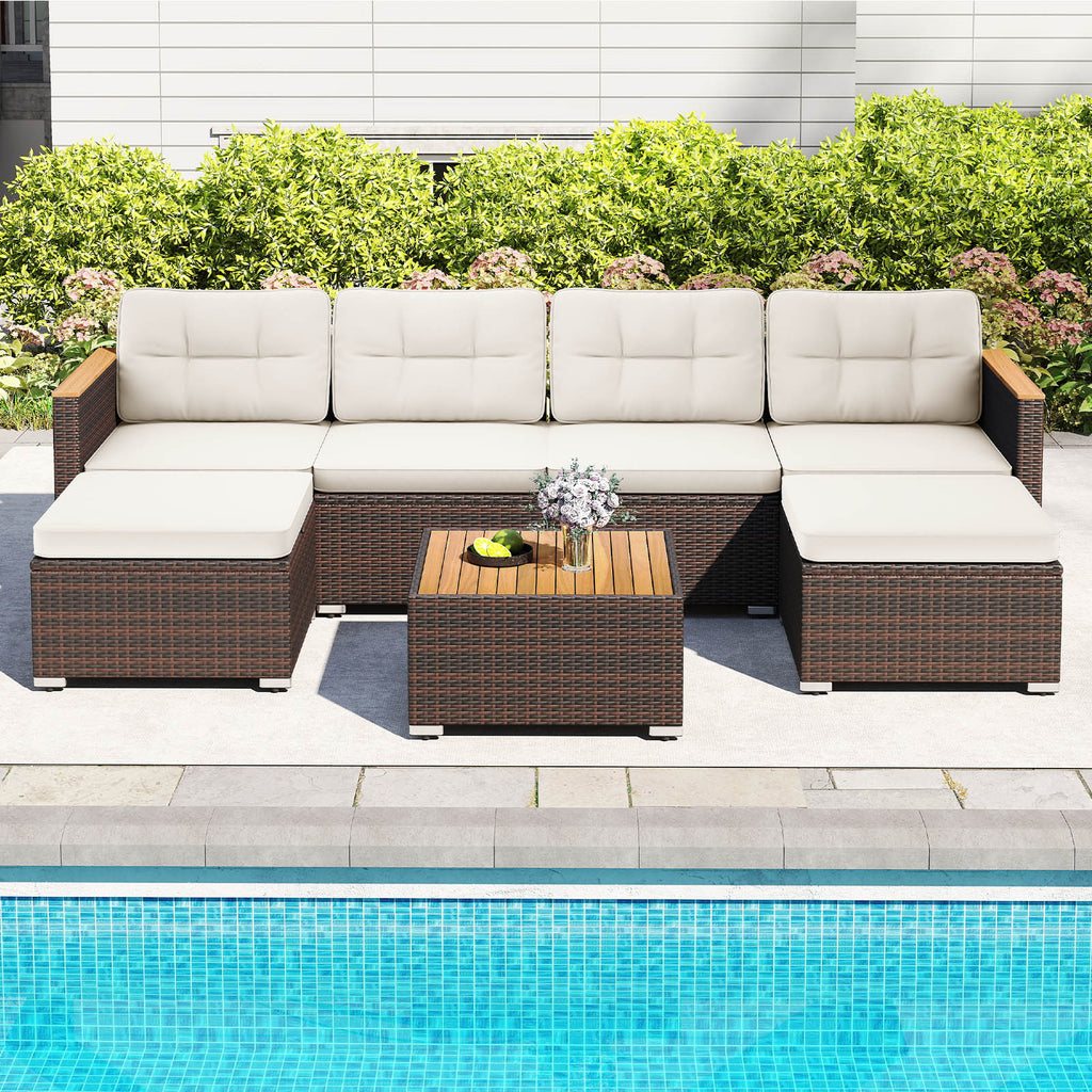 7 Pieces Wicker Conversation Set with Wood Armrests for Backyard