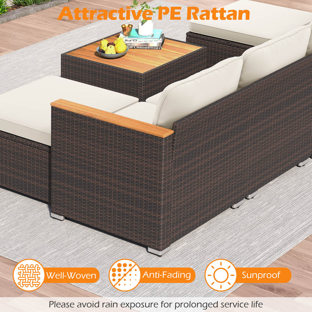 7 Pieces Wicker Conversation Set with Wood Armrests for Backyard