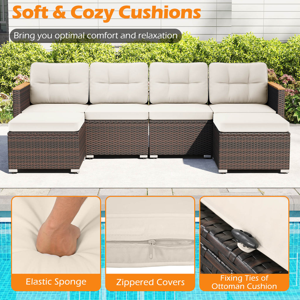 7 Pieces Wicker Conversation Set with Wood Armrests for Backyard