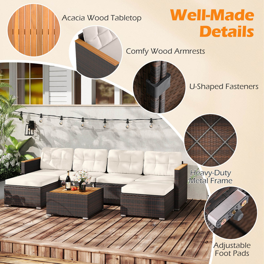 7 Pieces Wicker Conversation Set with Wood Armrests for Backyard