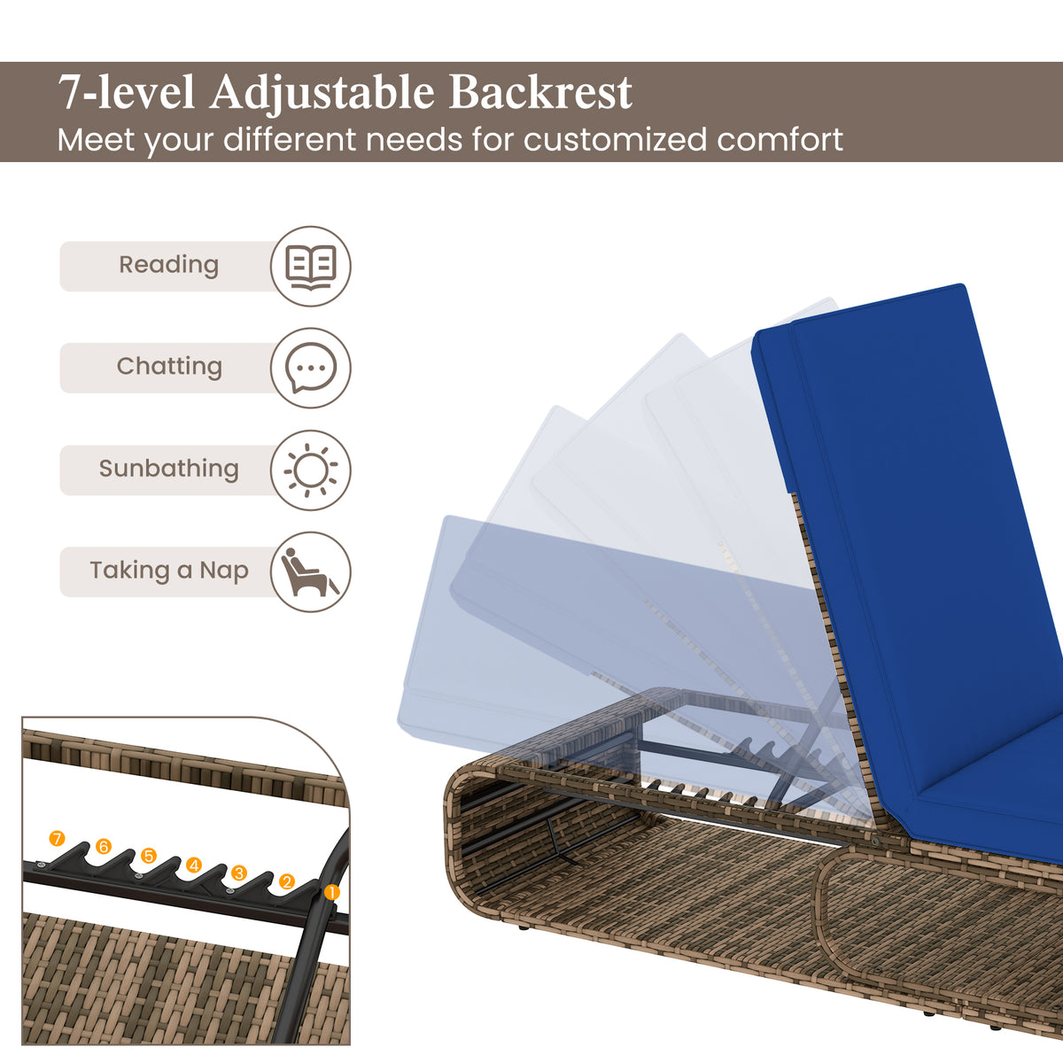 7-Position Adjustable PE Rattan Outdoor Chaise Lounge - Navy