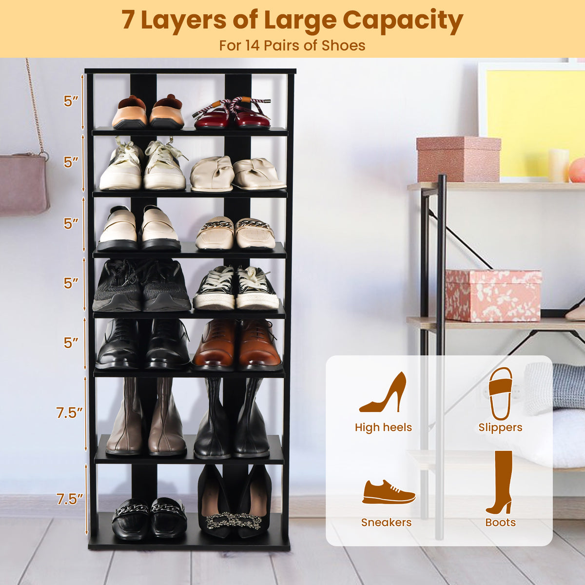 7-Tier Shoe Rack for Entryway, Black