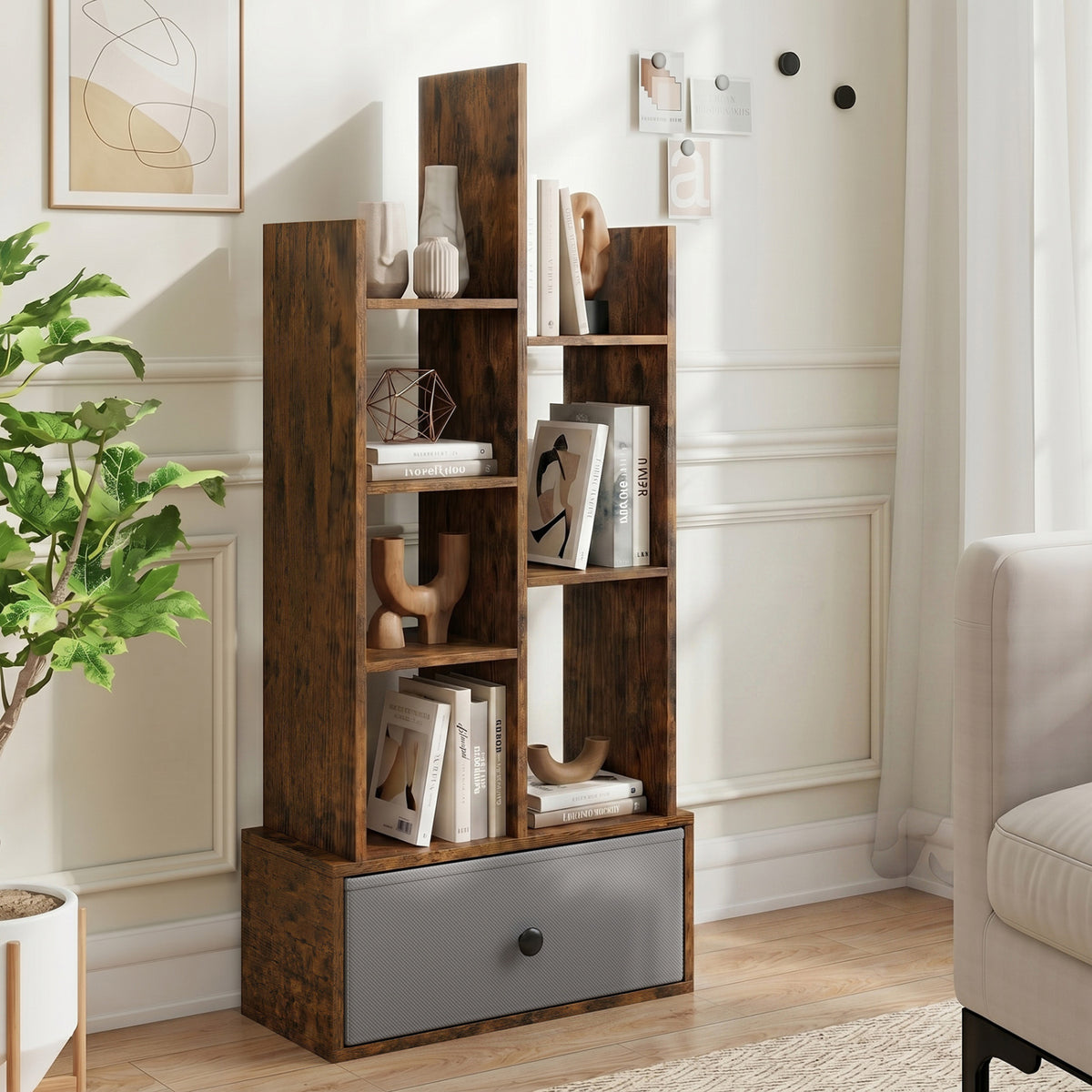7-Tier Open-Back Bookshelf with Drawer - Rustic Brown