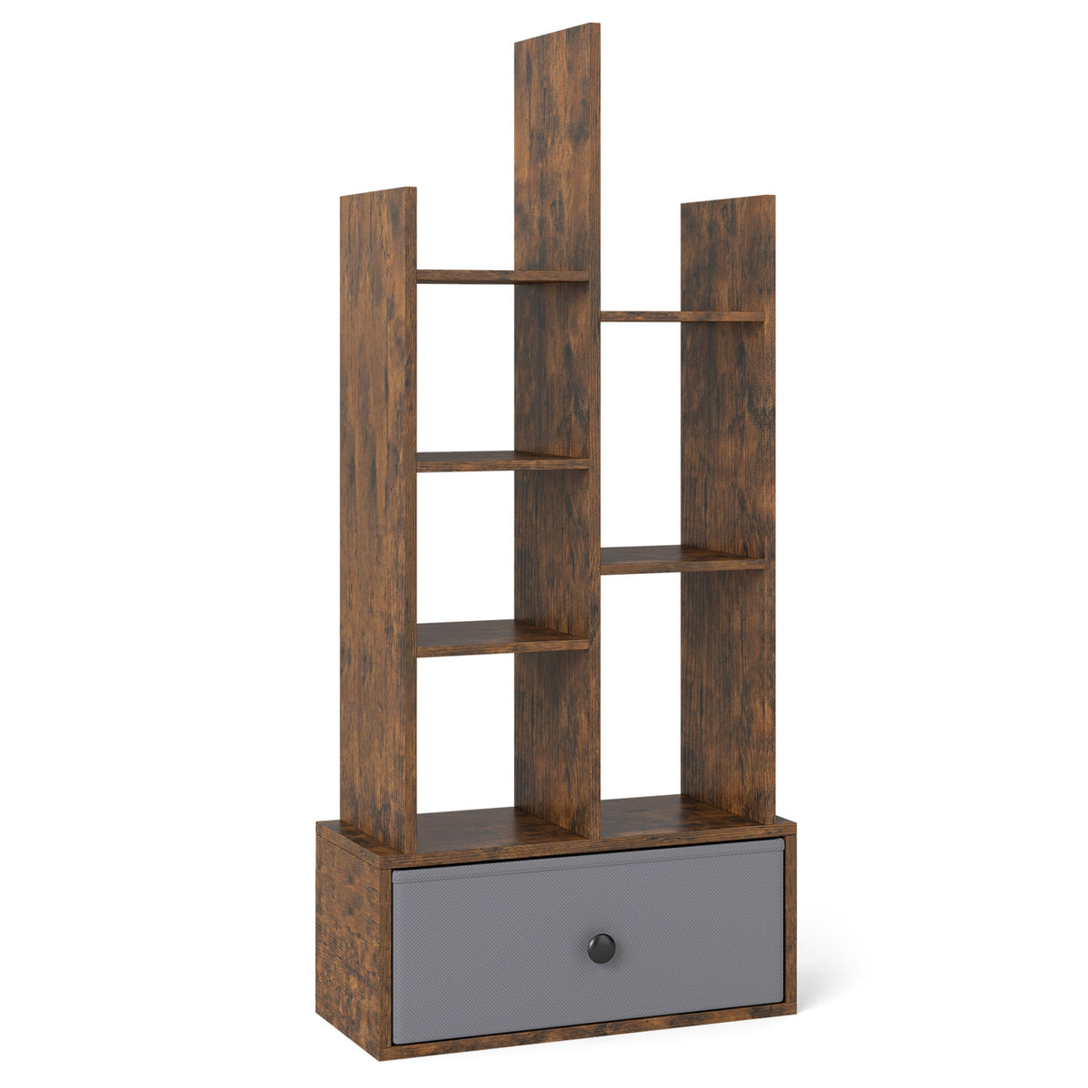 7-Tier Open-Back Bookshelf with Drawer - Rustic Brown
