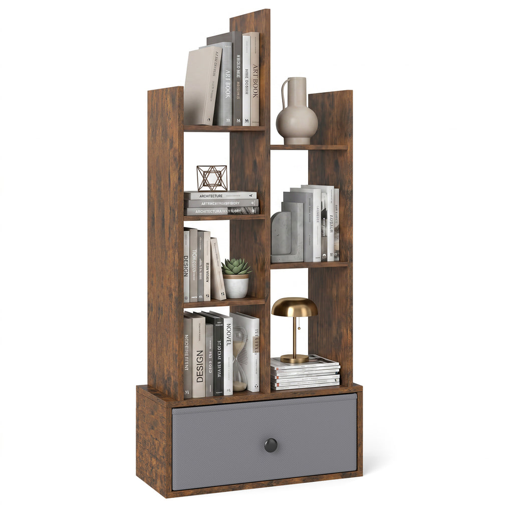 7-Tier Open-Back Bookshelf with Drawer - Rustic Brown