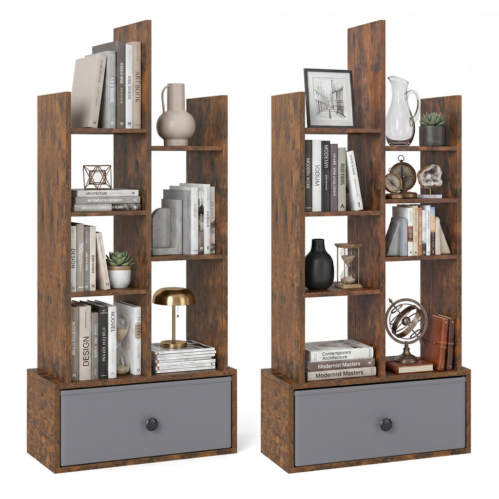 7-Tier Open-Back Bookshelf with Drawer - Rustic Brown