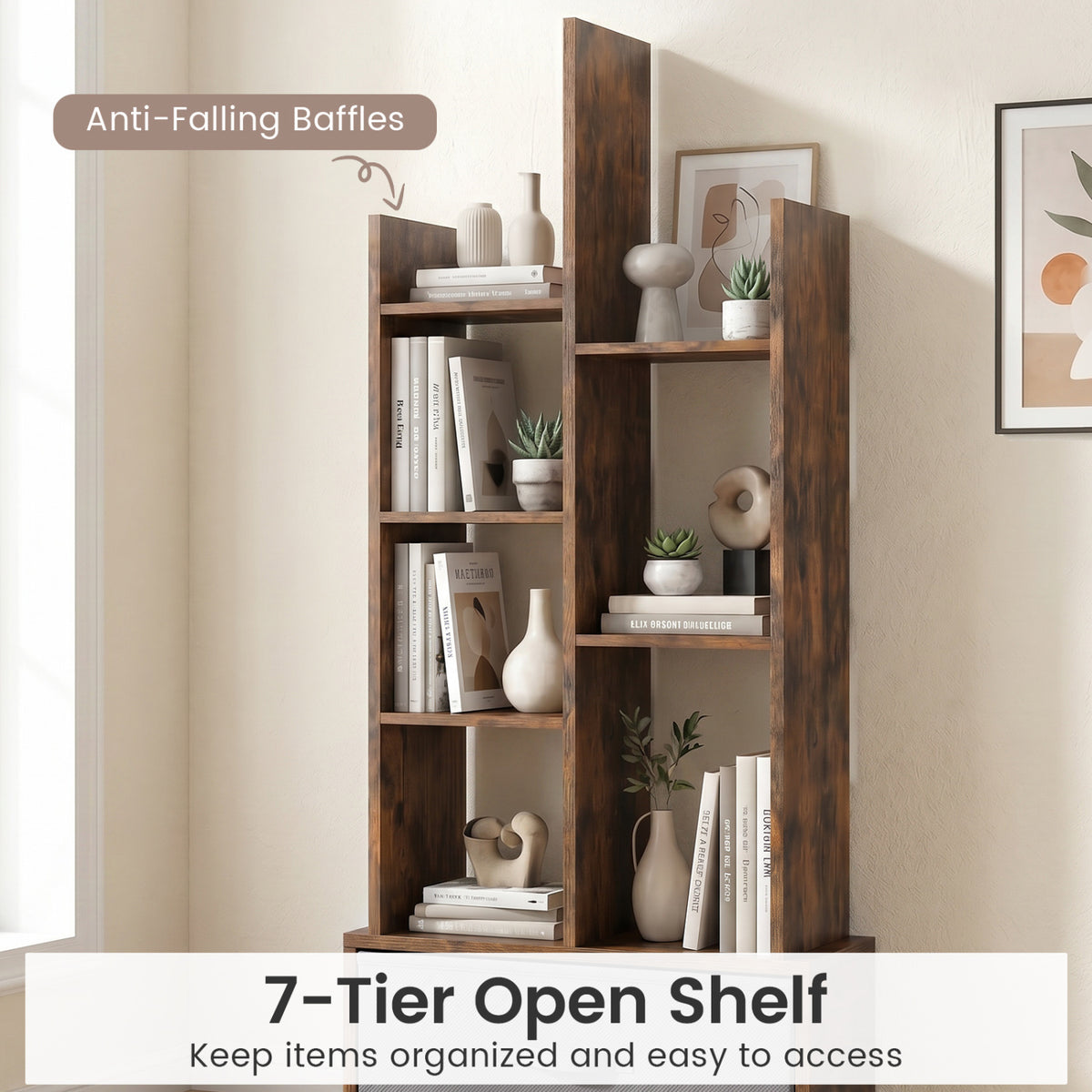 7-Tier Open-Back Bookshelf with Drawer - Rustic Brown