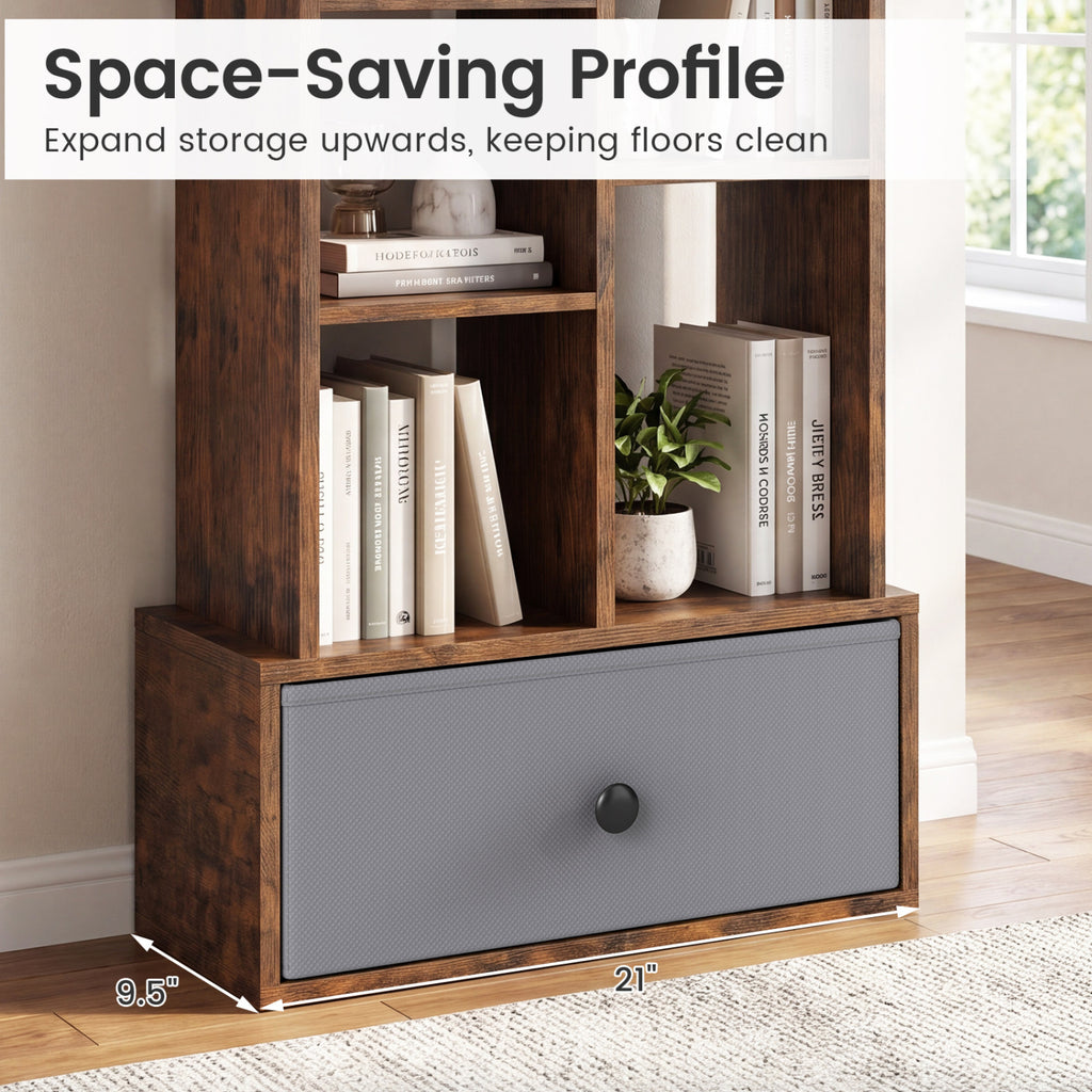 7-Tier Open-Back Bookshelf with Drawer - Rustic Brown