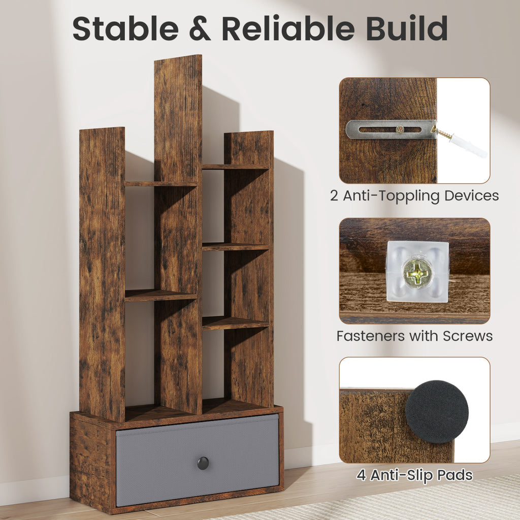 7-Tier Open-Back Bookshelf with Drawer - Rustic Brown