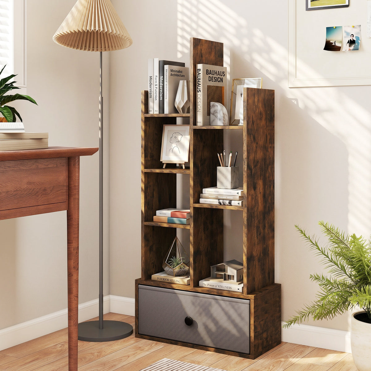 7-Tier Open-Back Bookshelf with Drawer - Rustic Brown