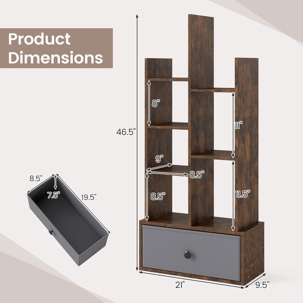 7-Tier Open-Back Bookshelf with Drawer - Rustic Brown