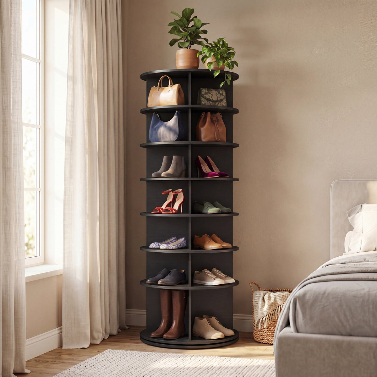 7-Tier Rotating Shoe Rack Tower - Black