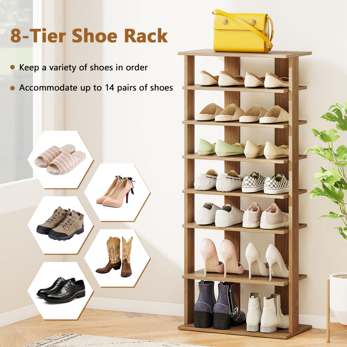 7-Tier Vertical Shoe Rack for Entryway, Natural