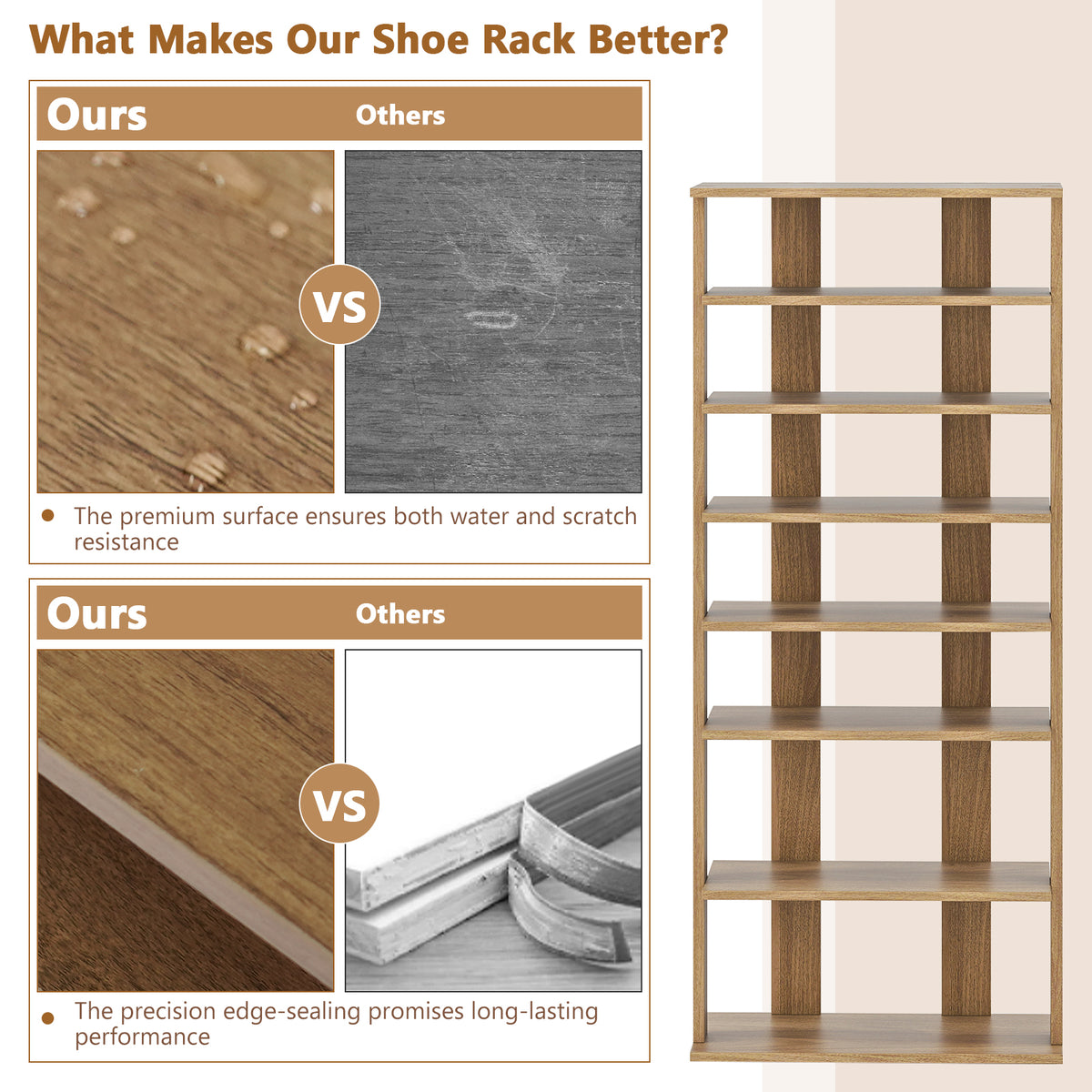 7-Tier Vertical Shoe Rack for Entryway, Natural