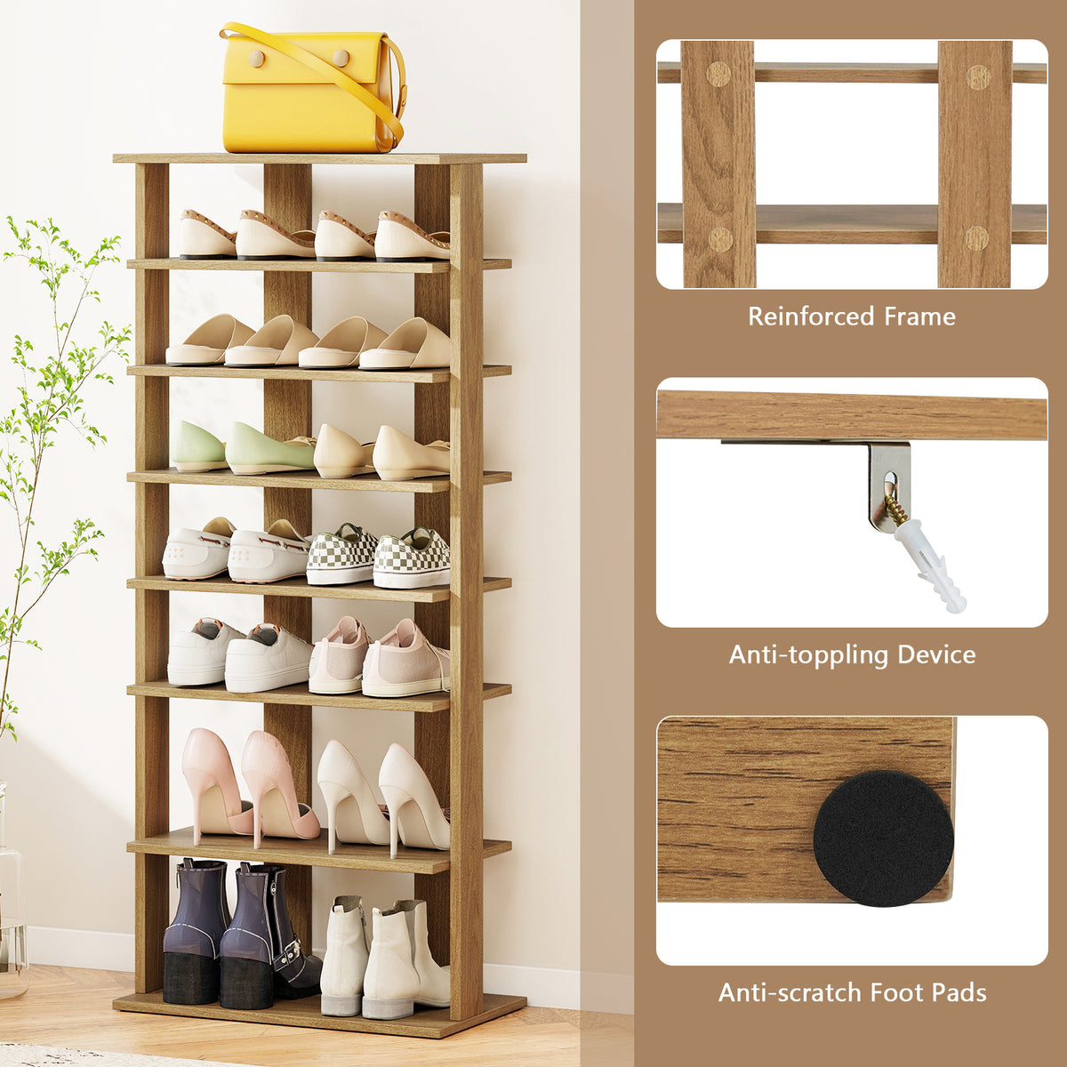 7-Tier Vertical Shoe Rack for Entryway, Natural