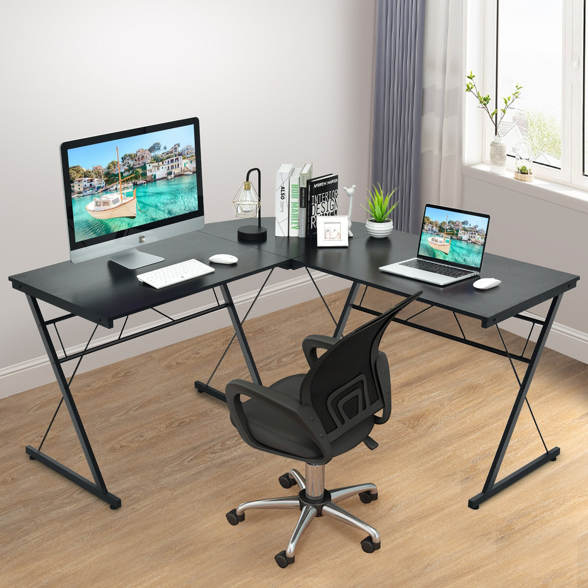 59 Inch L-Shaped Corner Computer Desk - Black