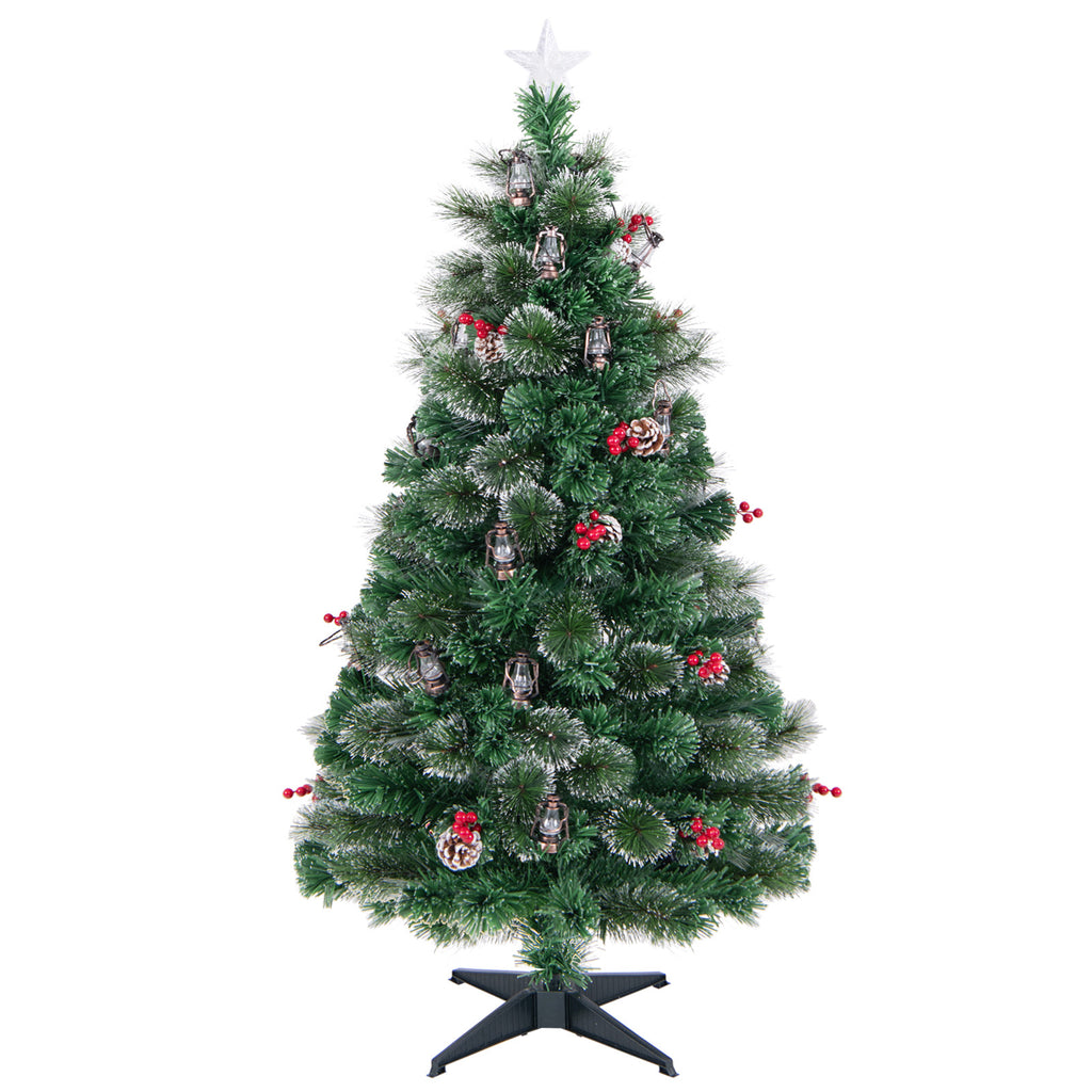 5 Ft Artificial Christmas Tree with Red Berries and Kerosene Lamps - Realistic Snowy Pine Decor