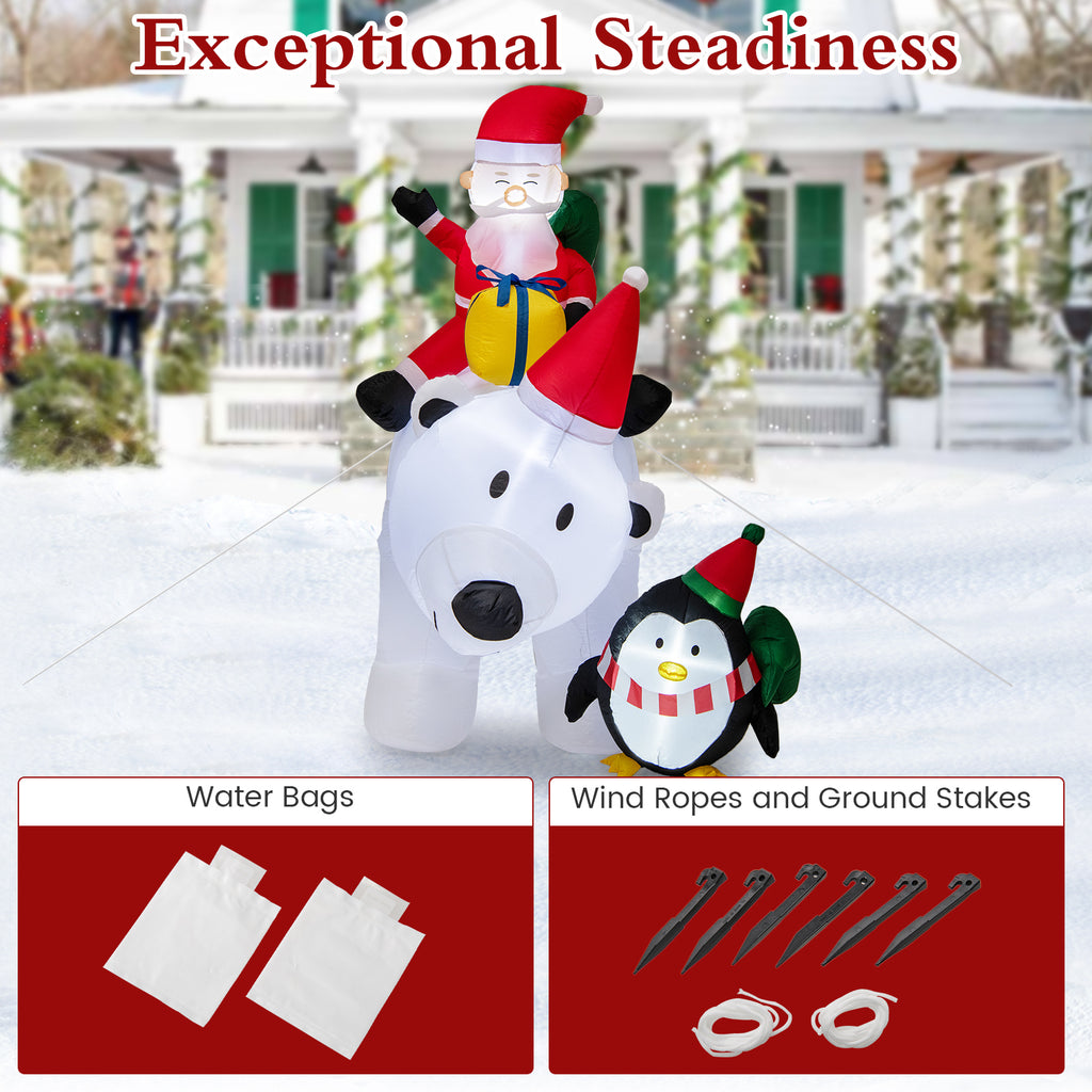 Inflatable Santa Claus Riding Polar Bear with Penguin Gift Bags & Box - 7 Feet