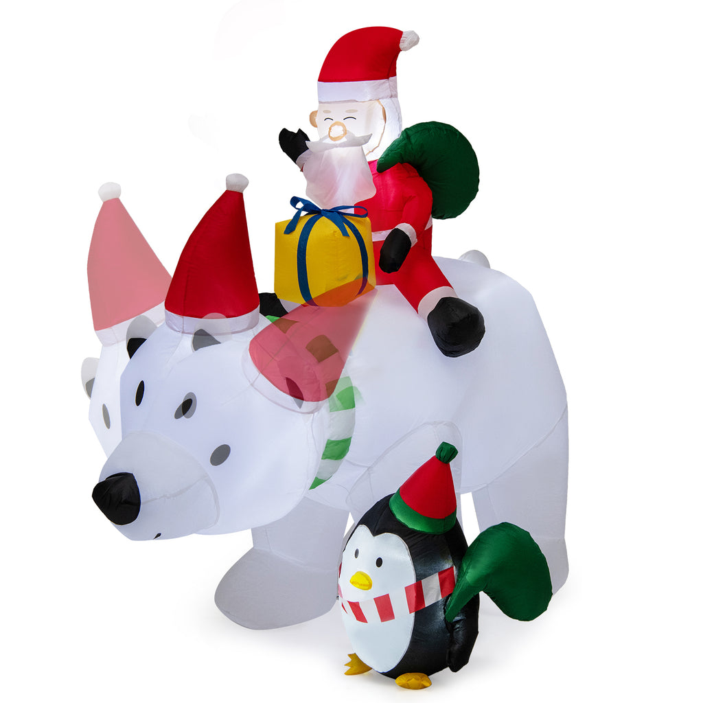 Inflatable Santa Claus Riding Polar Bear with Penguin Gift Bags & Box - 7 Feet