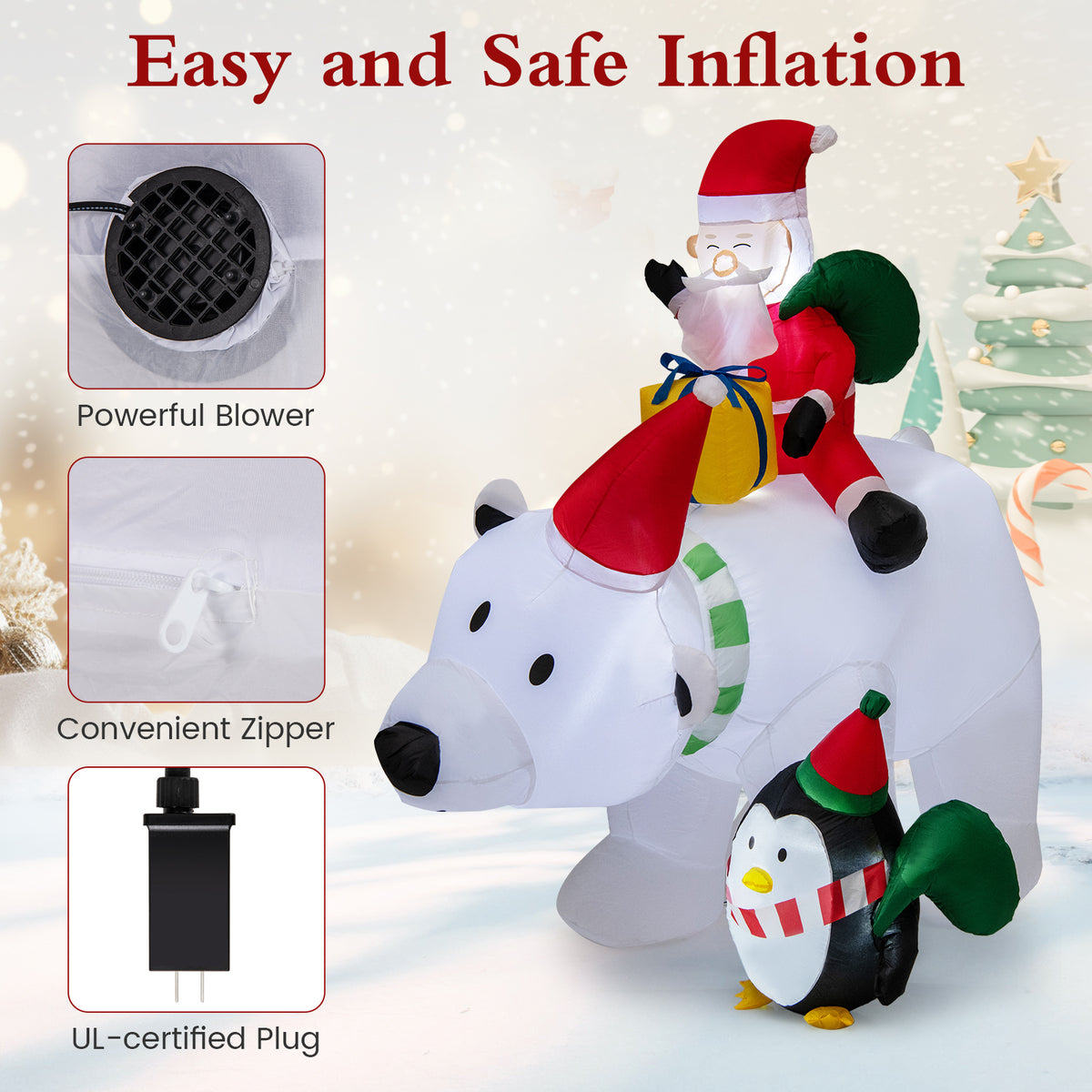 Inflatable Santa Claus Riding Polar Bear with Penguin Gift Bags & Box - 7 Feet