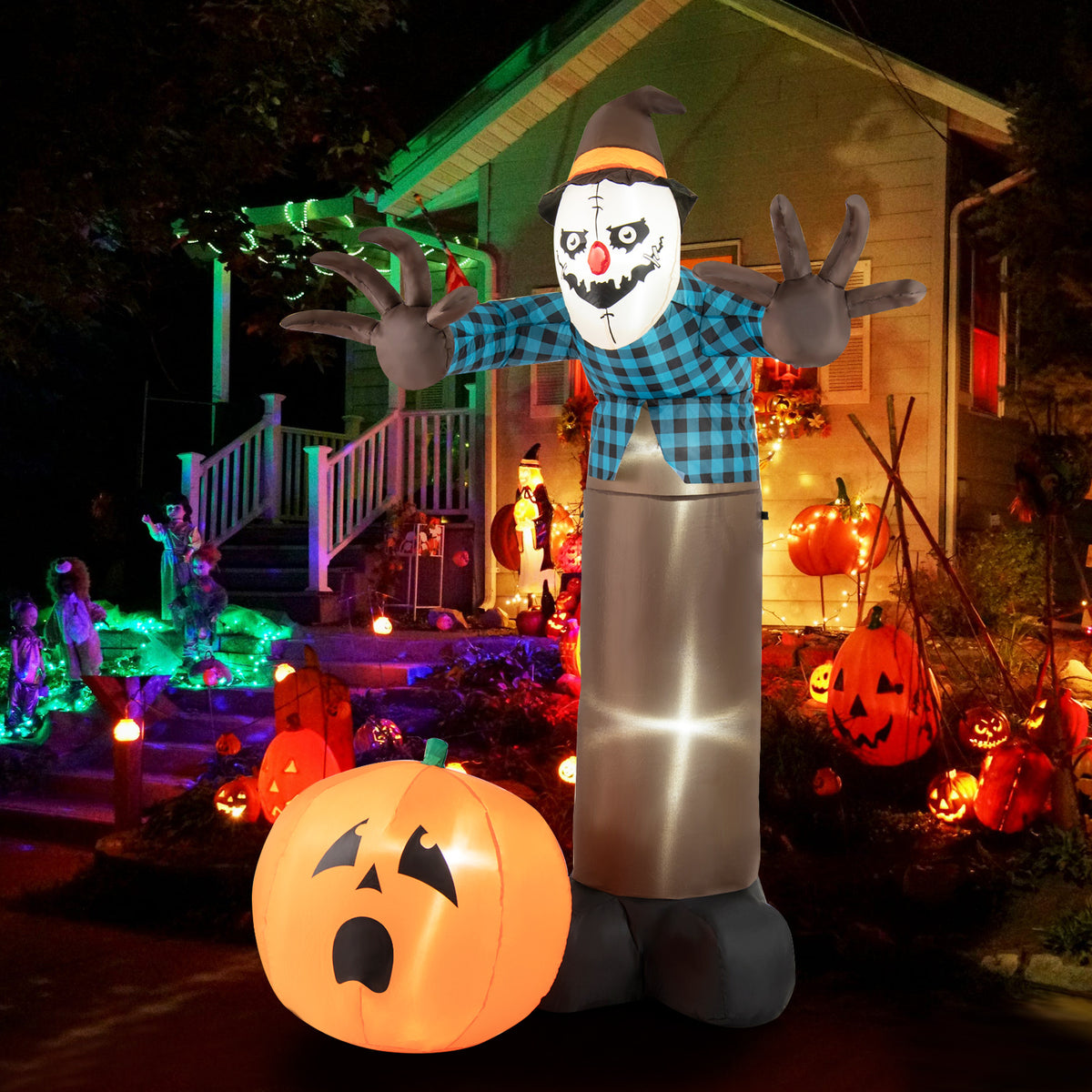 7 FT Inflatable Haunted Halloween Decor with LED Lights - Scarecrow Pumpkin Ghost