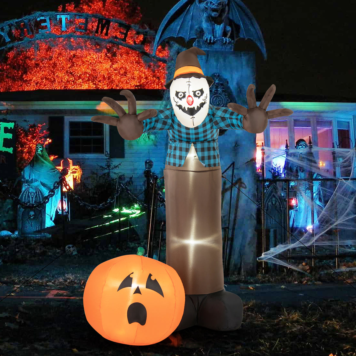 7 FT Inflatable Haunted Halloween Decor with LED Lights - Scarecrow Pumpkin Ghost
