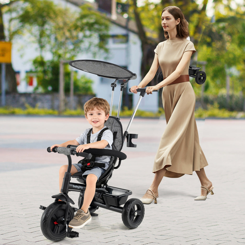 7-in-1 Baby Stroller Tricycle with Adjustable Canopy & Foldable Footrests - Gray