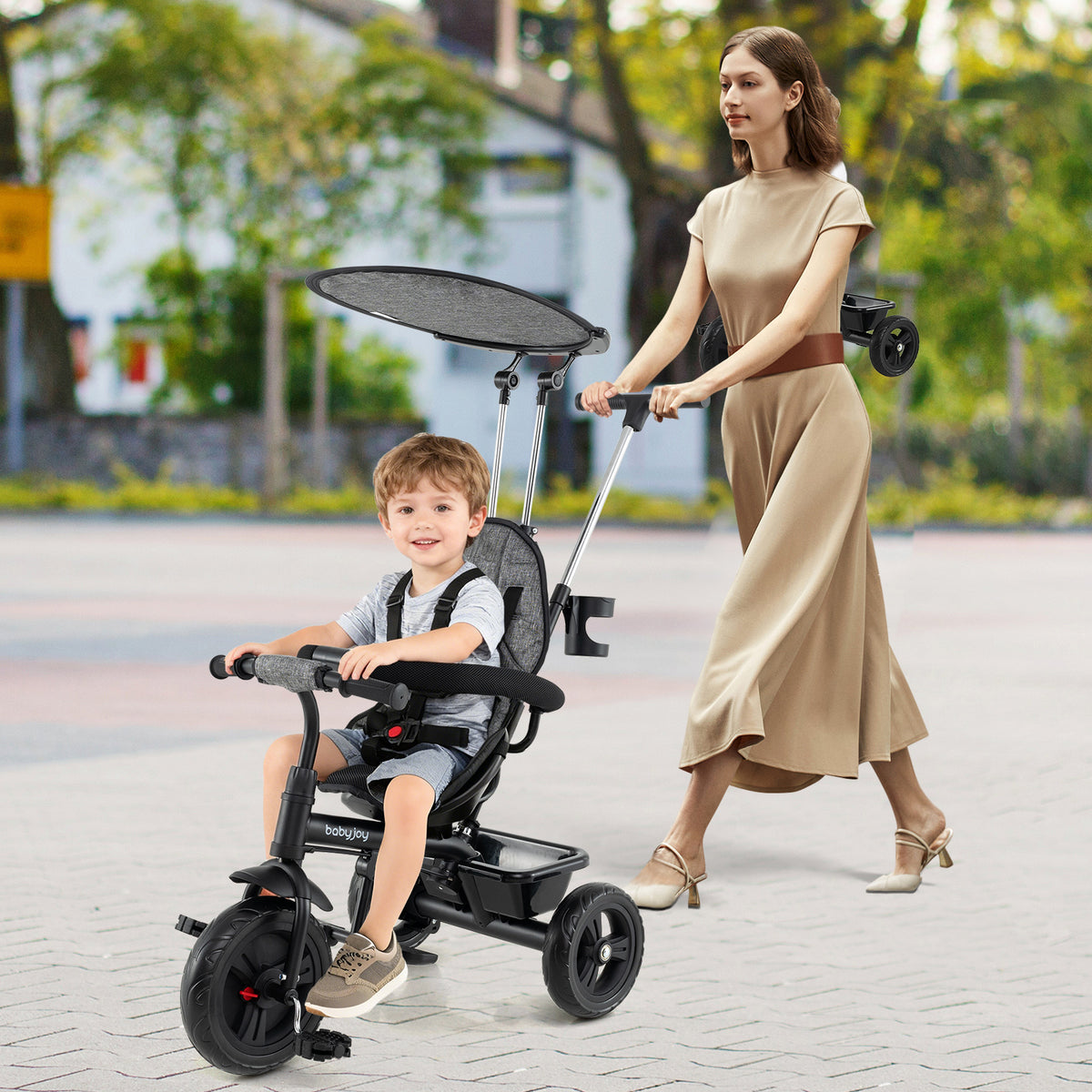 7-in-1 Baby Stroller Tricycle with Adjustable Canopy & Foldable Footrests - Gray