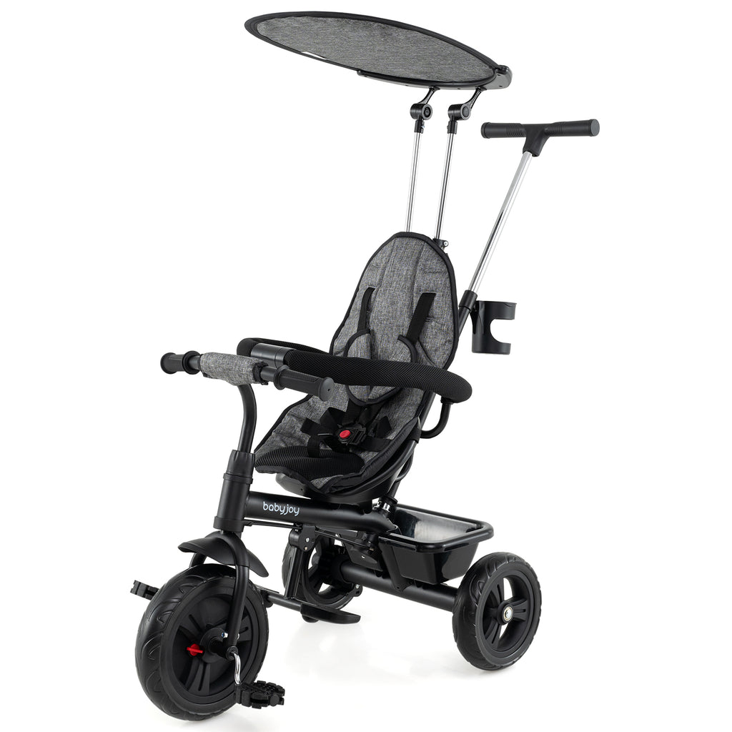 7-in-1 Baby Stroller Tricycle with Adjustable Canopy & Foldable Footrests - Gray