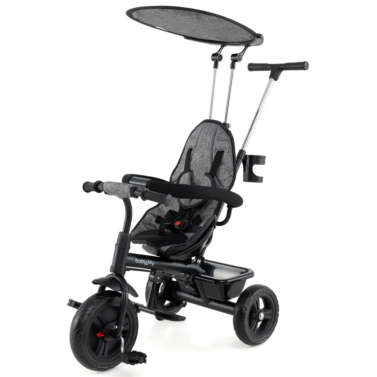 7-in-1 Baby Stroller Tricycle with Adjustable Canopy & Foldable Footrests - Gray
